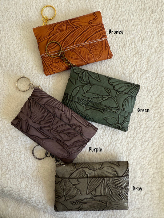Embossed Faux Leather Card Holder Keychains- Textured Flowers