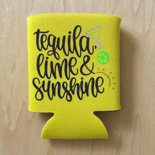 Yellow can cooler with 'Tequila, Lime & Sunshine' text on a wooden surface