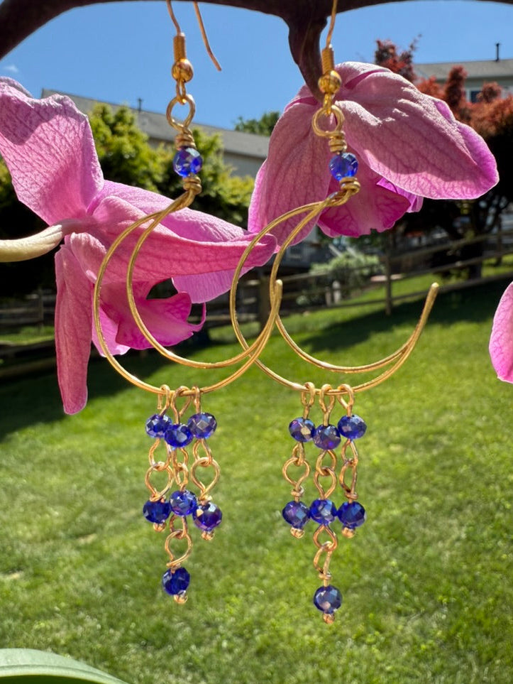 Blue Crescent Moon Chandelier Earrings