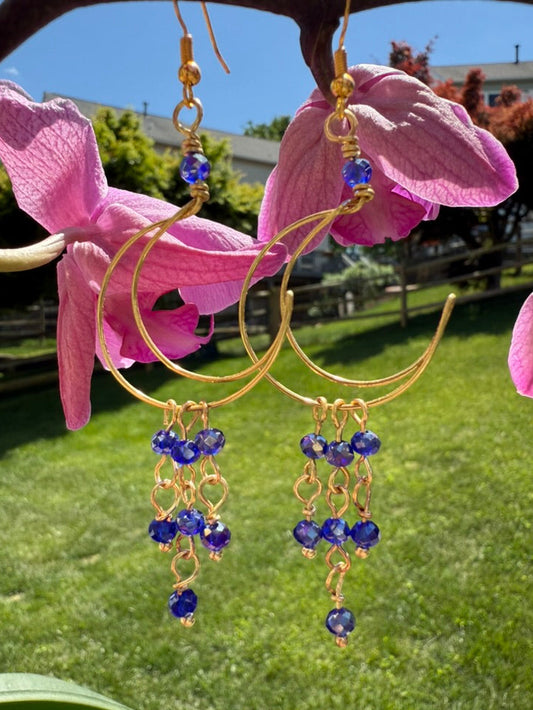 Blue Crescent Moon Chandelier Earrings