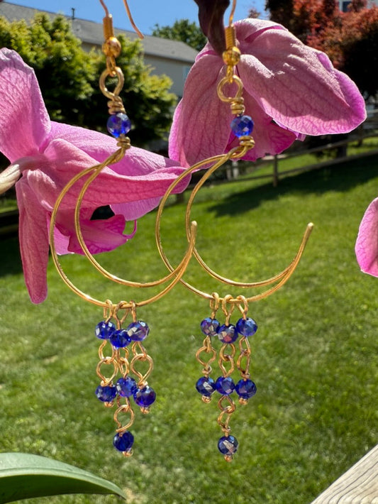 Blue Crescent Moon Chandelier Earrings
