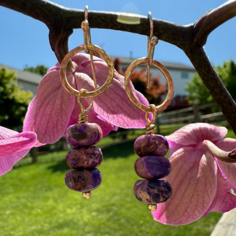 Amethyst Jasper Rondelle Beads Drop Earrings