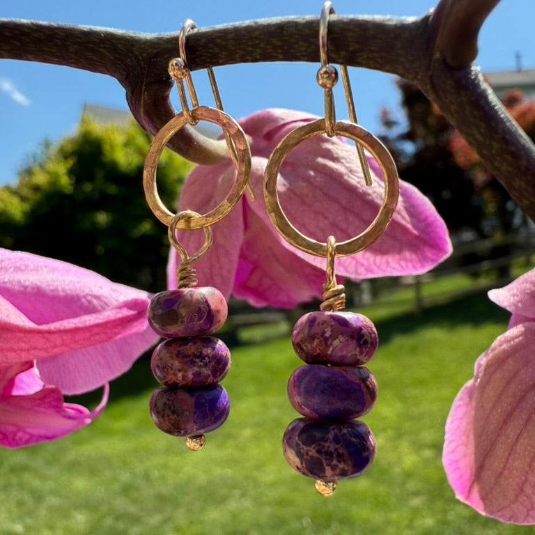 Amethyst Jasper Rondelle Beads Drop Earrings