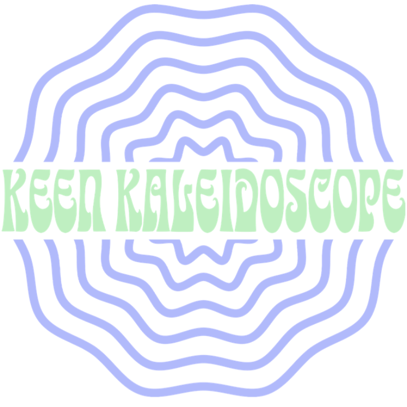 Logo with 'Keen Kaleidoscope' text and concentric blue shapes on a white background