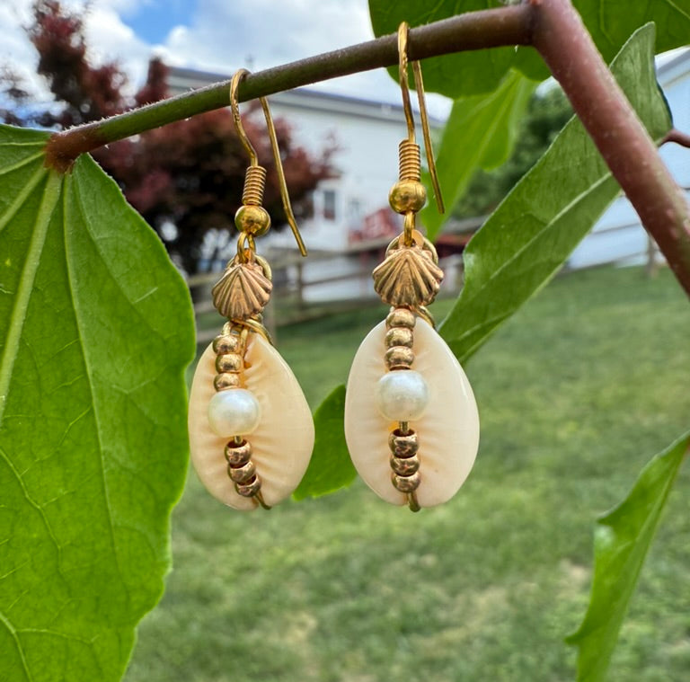 Pair of shell and pearl earrings hanging from a branch with green leaves.