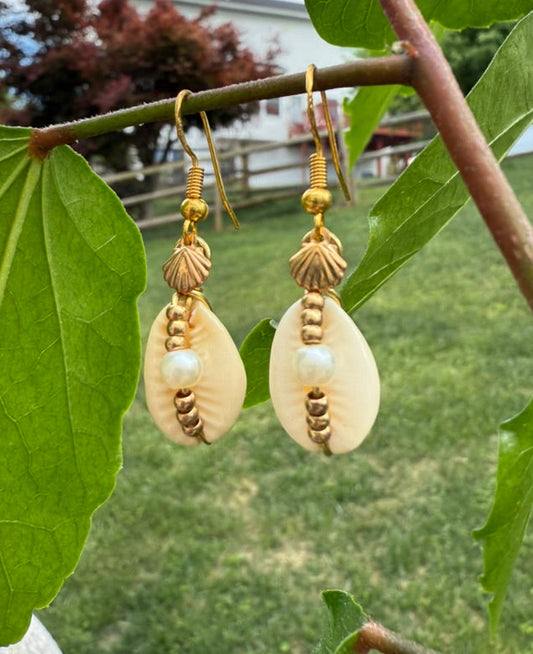 Pair of shell and gold earrings hanging on a branch with green leaves.