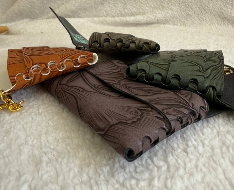 Embossed Faux Leather Card Holder Keychains- Textured Flowers