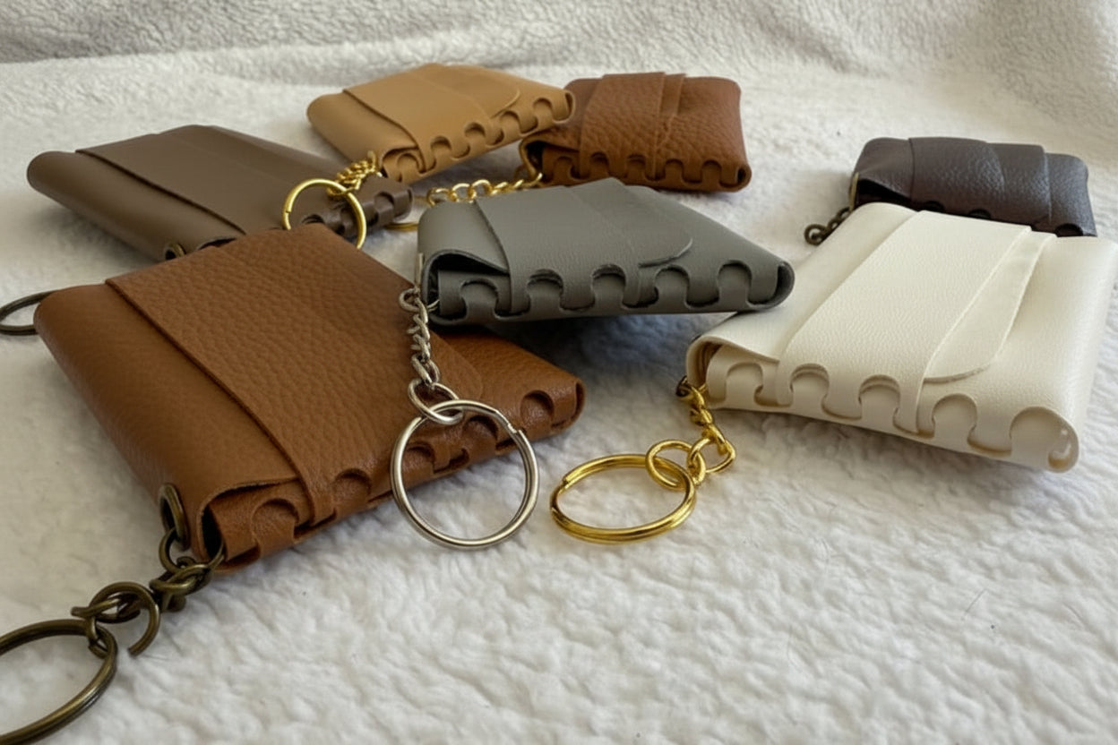Set of small leather wallets and keychains on a textured white surface